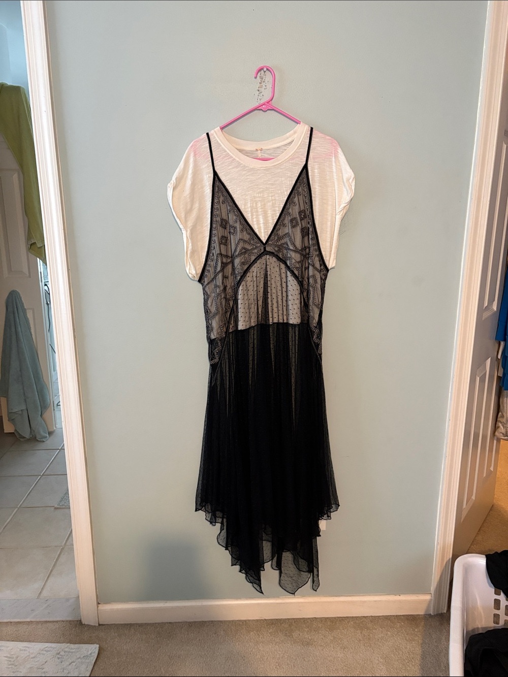 Black Sheer Overlay Slip Dress with White Tee by fee people